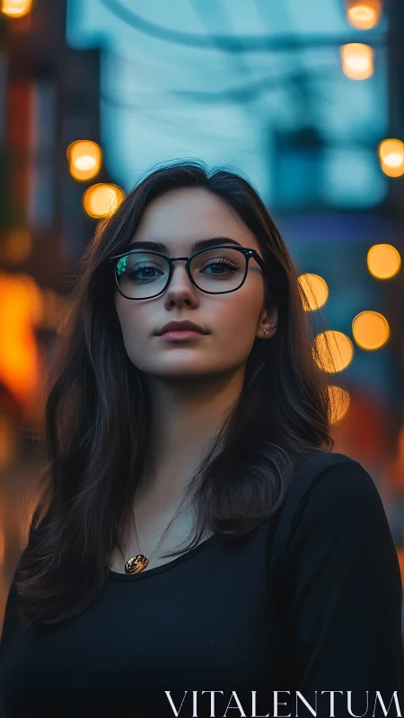 City dusk scholar under lantern bokeh halos, softly defiant.