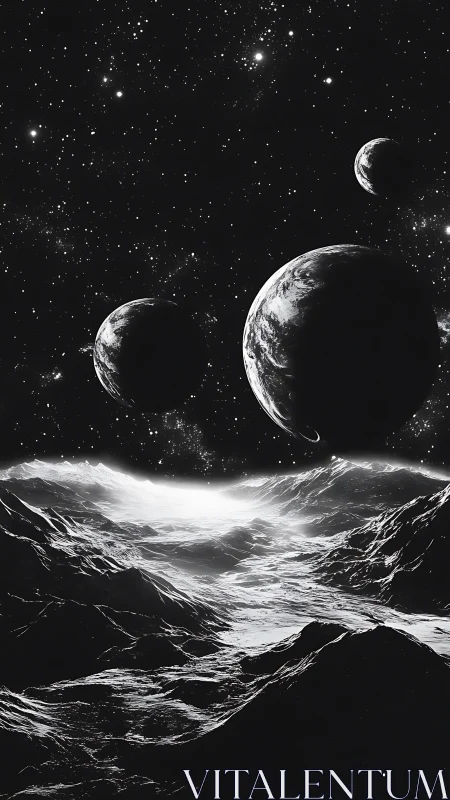 Silent moons drifting above a silver-touched alien valley.