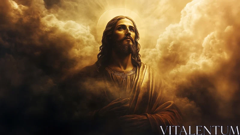 Serene holy figure rising in golden clouds of gentle light.