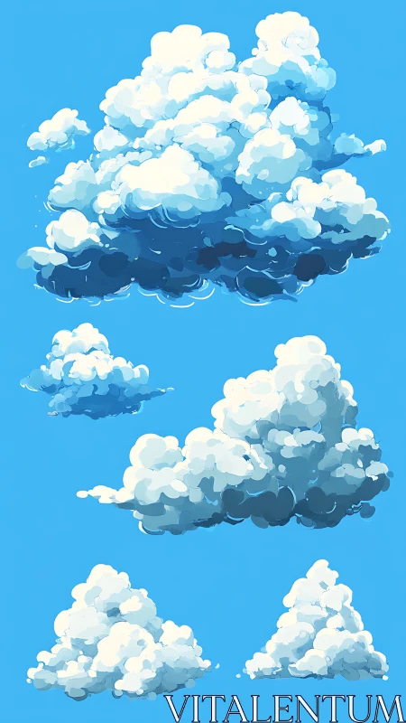 Digital painting study of cumulus cloud formations on blue sky.