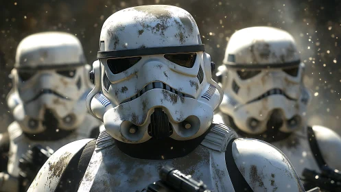 Weathered sci-fi troopers in formation with cinematic lighting.