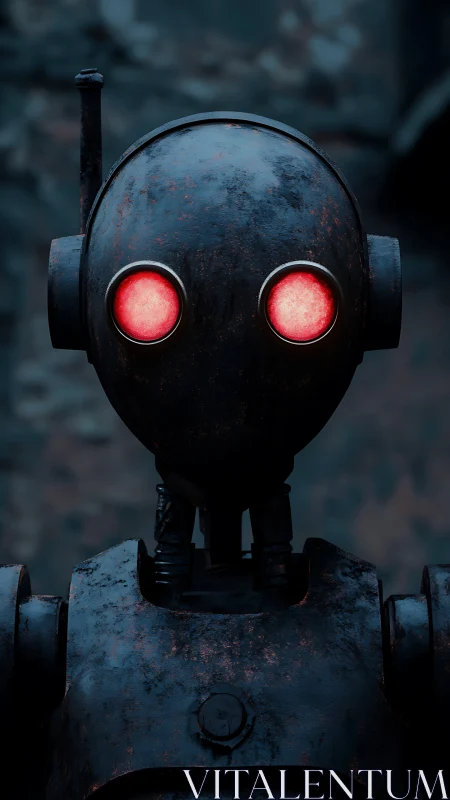 Rusty robot gazes forward with softly glowing red eyes