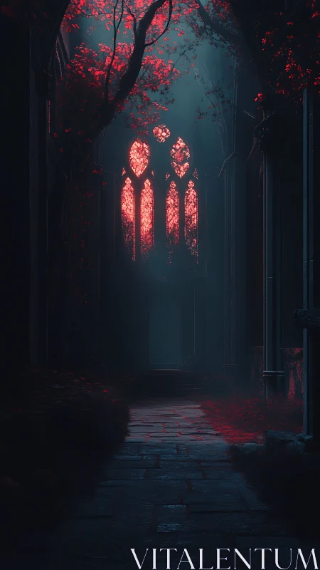 Gothic nave overgrown with crimson foliage and backlit window.