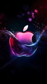 Chromatic glass apple emblem intersected by dynamic fluid arc