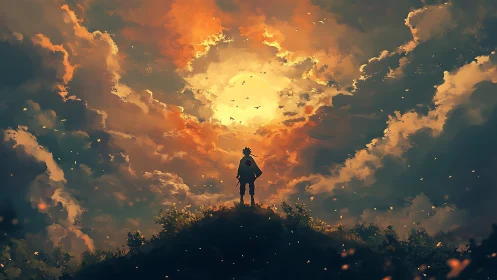 Sunset wanderer standing beneath a sky of swirling light.