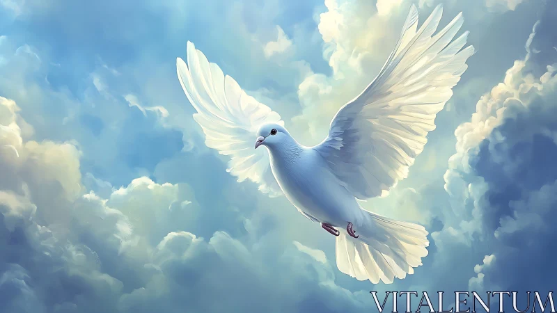 White dove spreads radiant wings through luminous clouds.