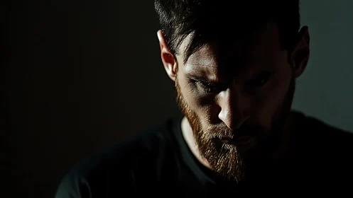 Brooding bearded man in harsh side light studies floor
