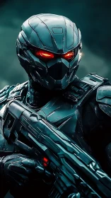 Cybernetic enforcer in armored exosuit with tactical rifle profile.