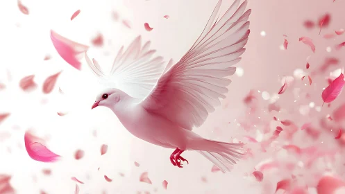 Soft dove in flight among swirling pink rose petals.