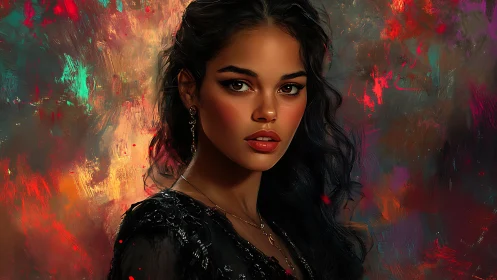 Portrait of a luminous woman amid fiery abstract colors.