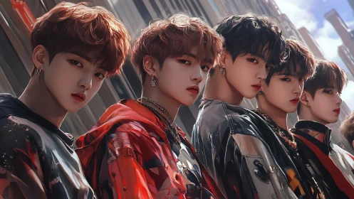 Stylized boy band line-up in glossy streetwear coats.