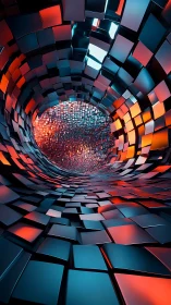 Curved tunnel of reflective square tiles forms a receding vortex
