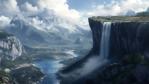 High plateau waterfall above river valley and mountain range.