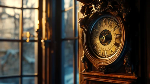 Ornate antique clock beside sunlit window interior scene.