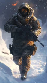 Armed soldier advances through snowy terrain in winter conditions