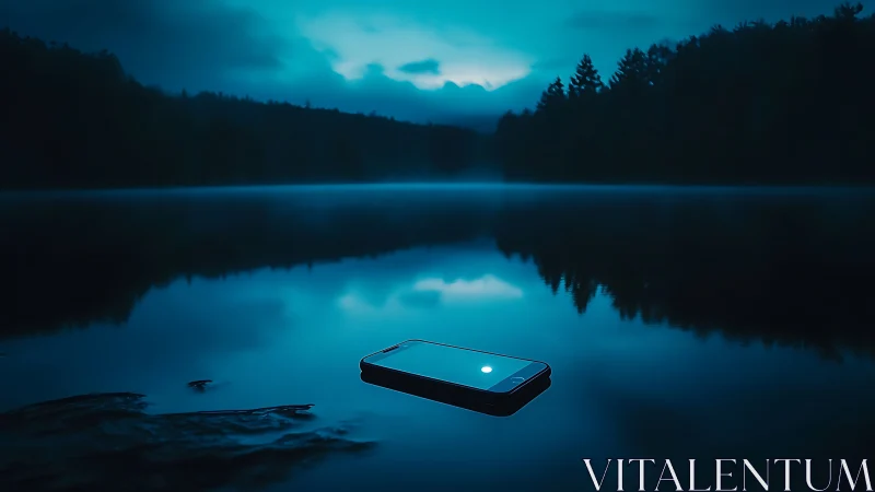 Nocturnal smartphone adrift in minimalist blue landscape study.