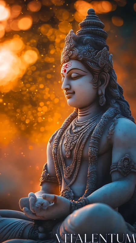 Serene stone deity in glowing orange bokeh light meditation.