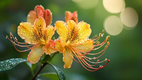 Yellow Lily Blooms Jeweled with Morning Dew.