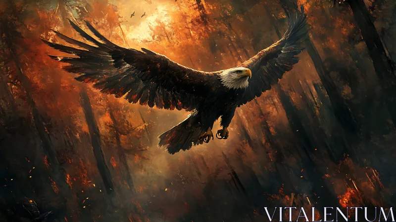 Majestic Bald Eagle Soaring Over Fiery Forest in Dramatic Digital Art.
