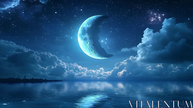 Crescent moon floats above reflective ocean under starry sky