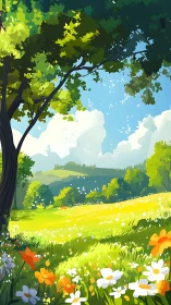 Sunlit wildflower meadow beneath leafy summer canopy.