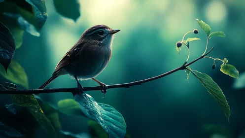 Small songbird on branch in tranquil, dreamy forest lighting.
