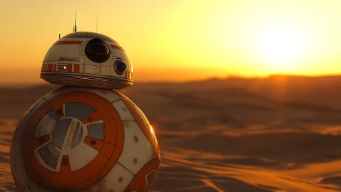 Sunset-warmed desert droid gazes toward glowing horizons