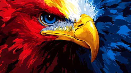 Vibrant Digital Art of a Bald Eagle in Bold Red and Blue Colors.
