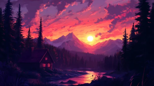 Sunlit mountain cabin rests beside a tranquil forest river