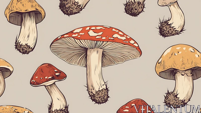 Illustrated mushrooms are arranged in a repeating pattern