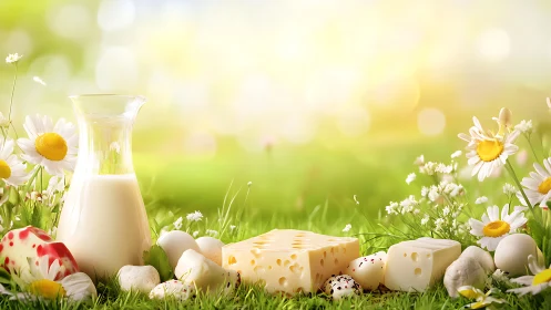 Fresh dairy picnic scene glows in warm spring sunlight.