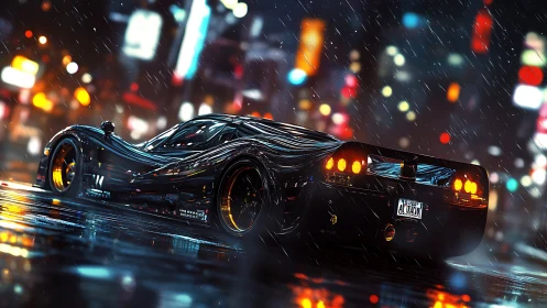 Midnight hypercar under neon rain in reflective cityscape.