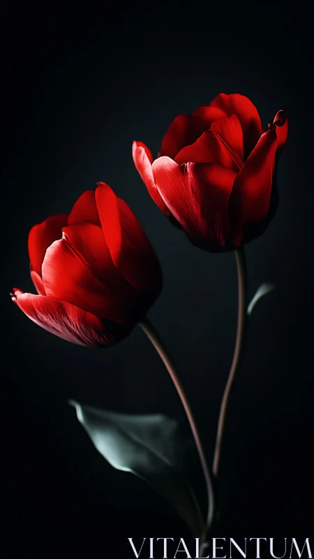 Two red tulips backlit against dark background with stems