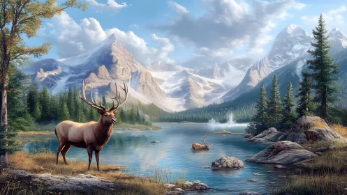 Majestic elk king greeting mirror-still alpine morning light.