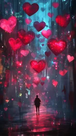 Neon Hearts Cascade in Digital City Rain.