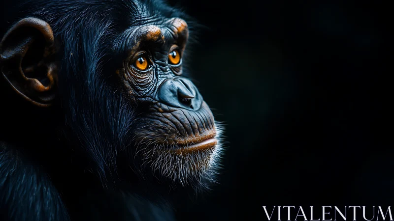 Chimpanzee portrait with golden eyes in deep shadow.