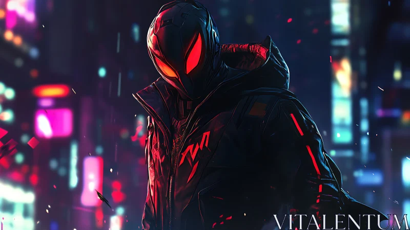Armored neon vigilante stands in rainlit cyberpunk alleyway
