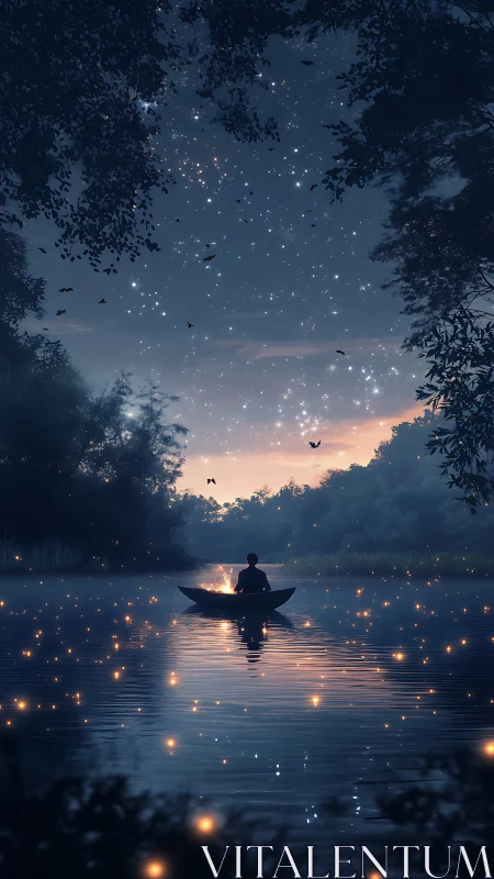 Digital painting of lone boat under star-filled twilight sky.