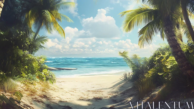 Tropical beach viewed through dense palm vegetation and sea access