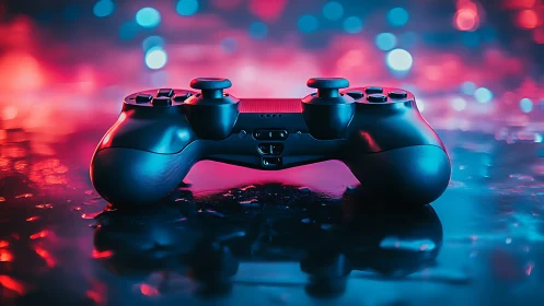 Neon-soaked game controller basking in electric bokeh glow.