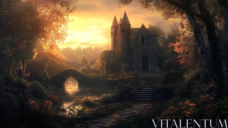 Sunlit castle path winding through a quiet autumn dreamscape.