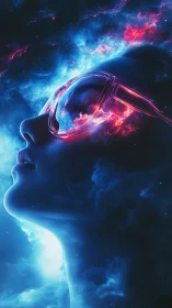 Cyberpunk celestial portrait with neon volumetric side profile.