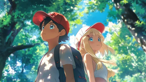 Sunlit forest adventure with two hopeful young explorers.