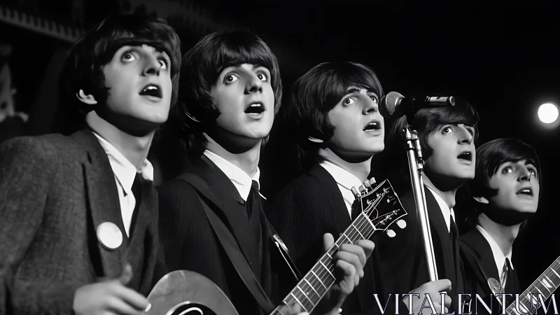 Vintage boy band performance captured in dramatic monochrome