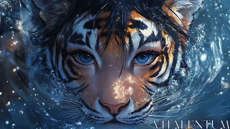 Close-up blue-eyed tiger submerged in dynamic rippling water