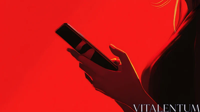 Crimson glow around quiet hands scrolling through a phone.