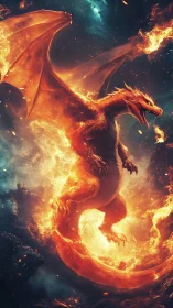 Flaming dragon soars through a storm of fire and smoke
