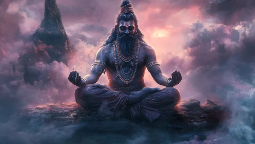 Mystic ascetic meditates above storm-kissed celestial clouds.