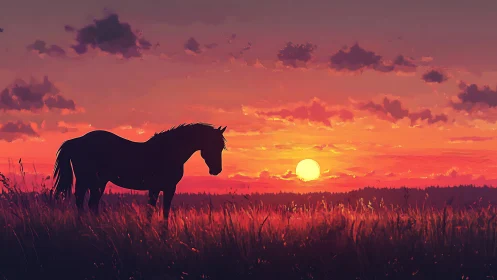 Silhouette of solitary horse against low sun over field.