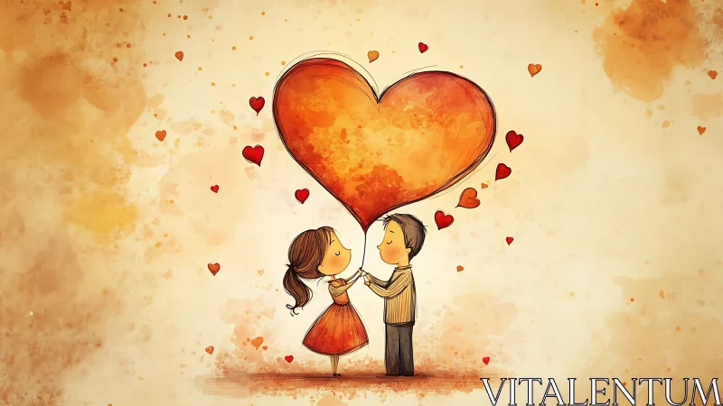 Couple Holding Giant Heart Balloon Among Floating Hearts.